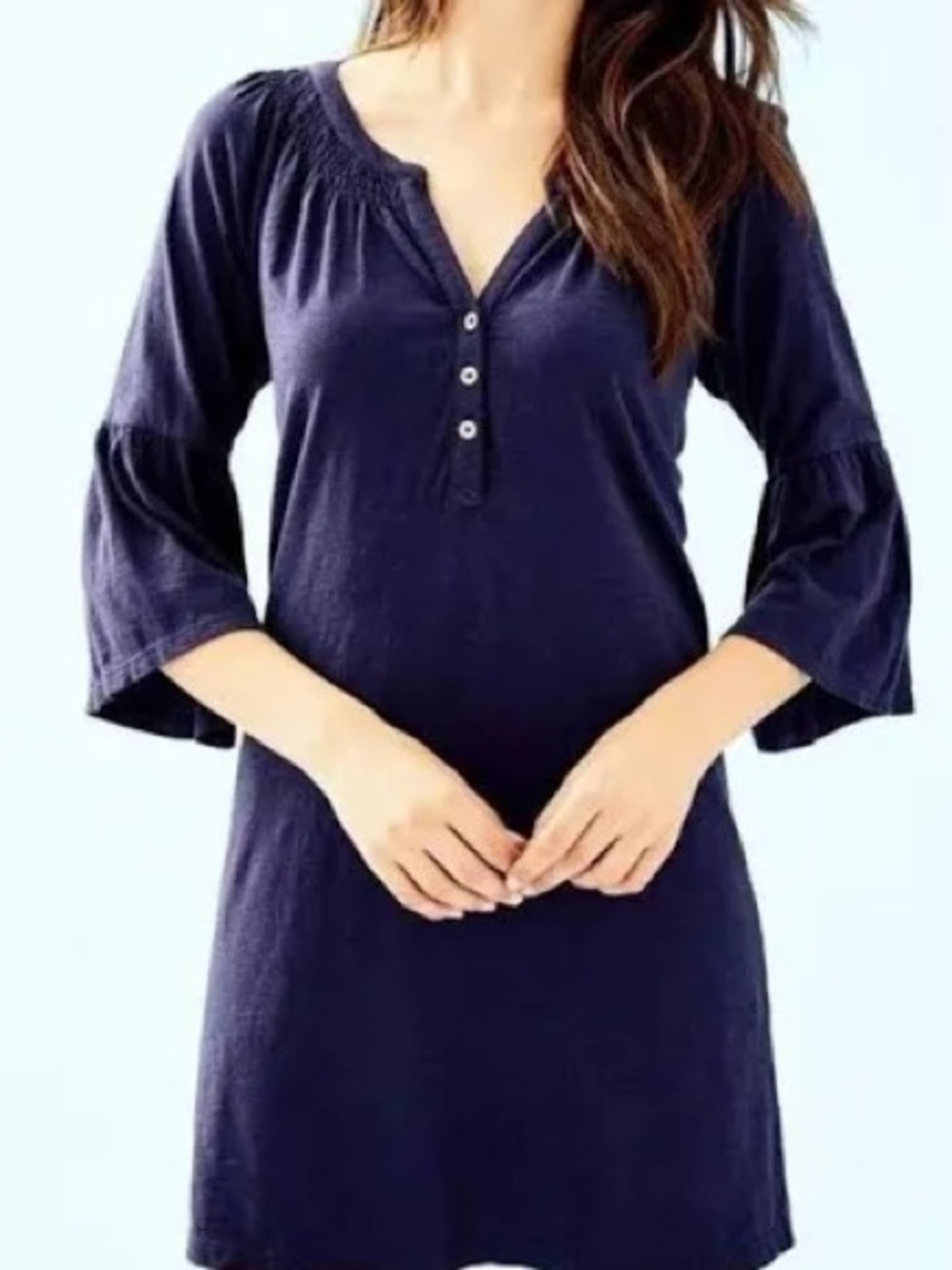 Lilly Pulitzer Navy Henley Jersey Shift Dress Roll Tab Sleeves XS